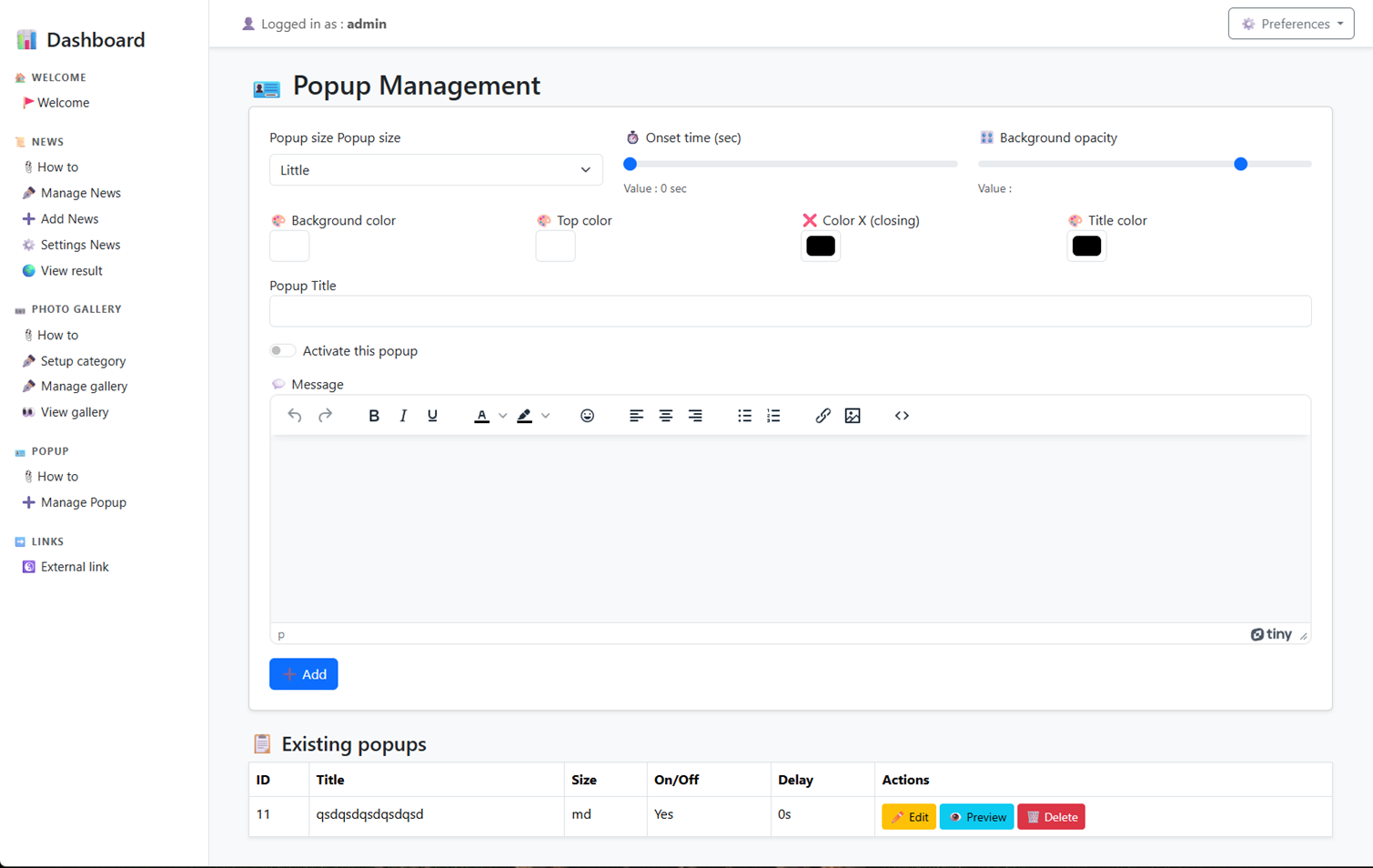 Popup Admin