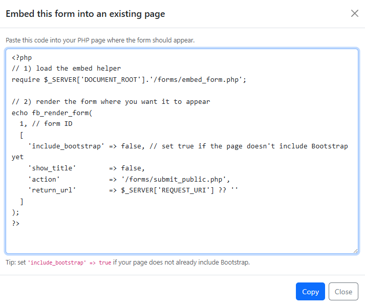 Embed code generator modal